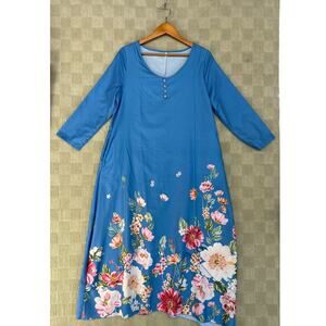 Long Blue Kaftan Dress w/ Pockets‎ Womens Large with Tropical Floral Pattern